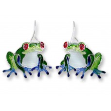 Zarah earrings with silver plated pendants and enamel. Frogs with red eyes and blue feet