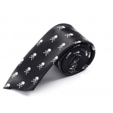 Narrow skinny tie with small white skulls and bones on black